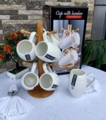 6pc white cup set with bamboo stand