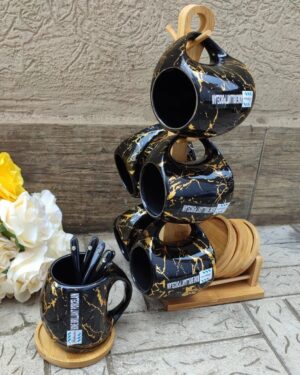 Black marble cup set with bamboo stand and coasters